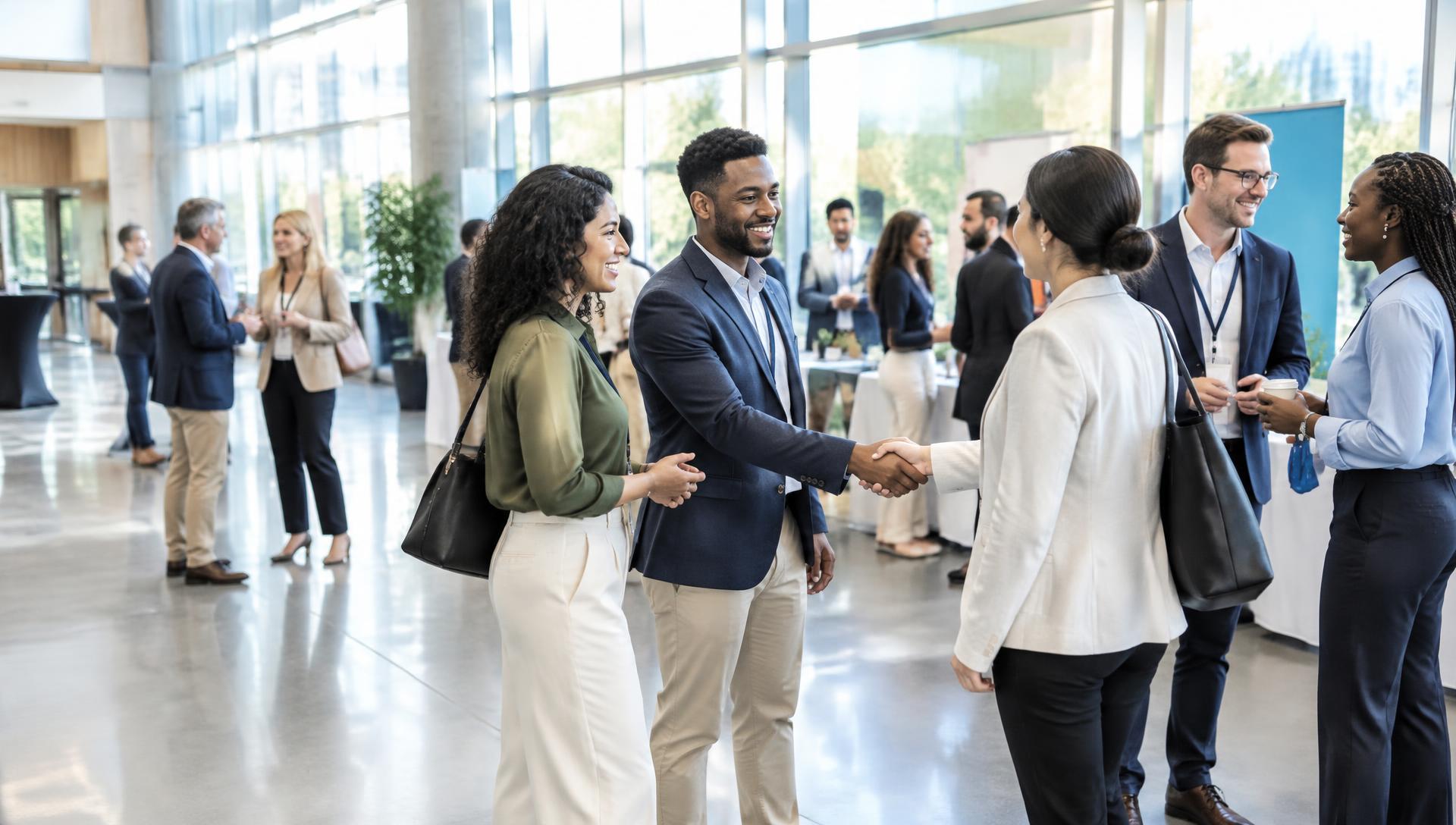 Illustrative scene of professionals connecting at a business networking event